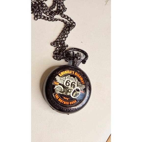 Route 66 Pocket Watch Quartz Movement With Chain Necklace Black Vintage Style - Picture 1 of 6